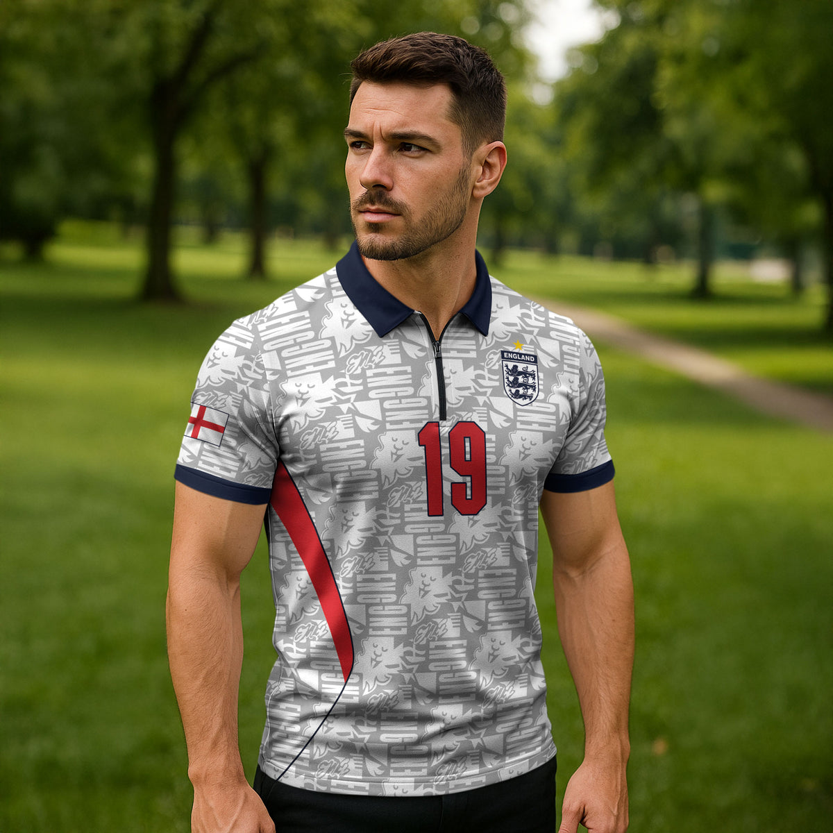 Custom World Football 2026 England Zipper Polo Shirt Three Lions Monogram White Glory