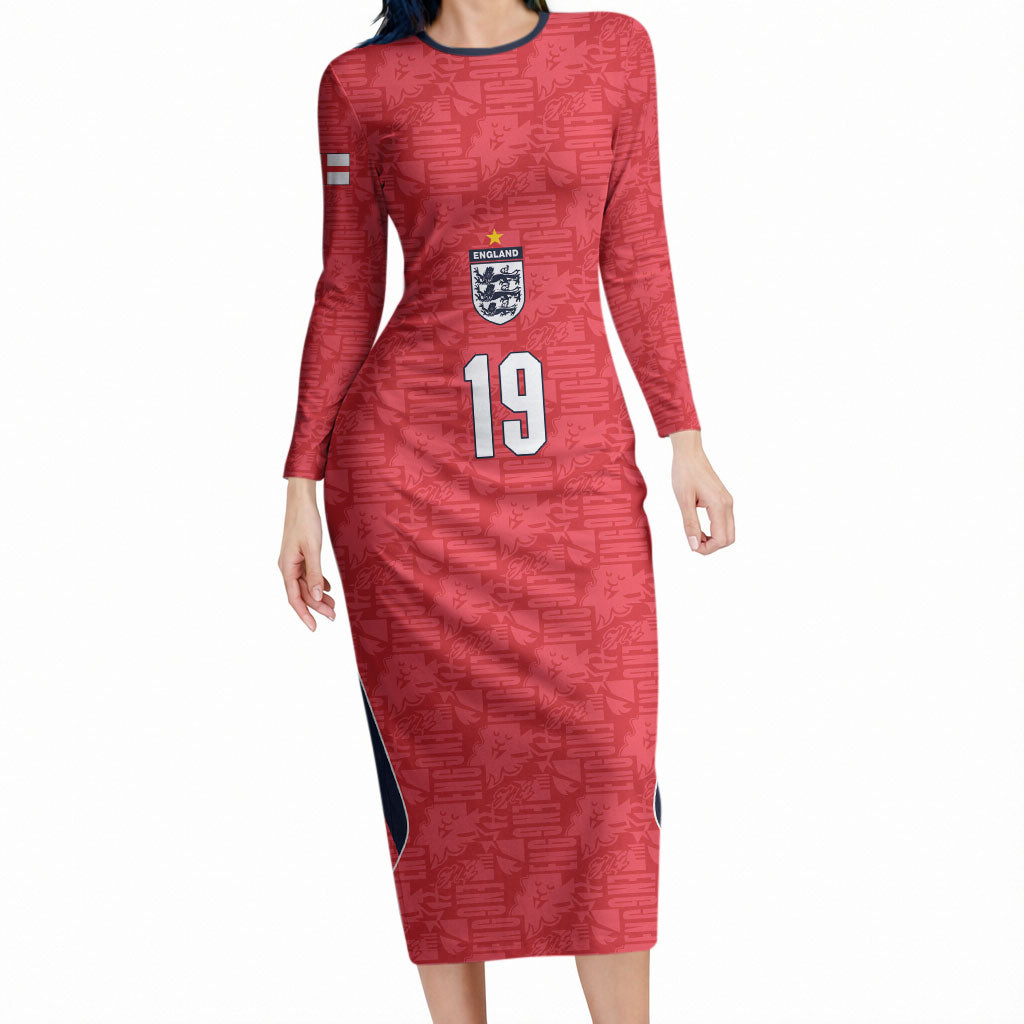 Custom World Football 2026 England Long Sleeve Bodycon Dress Three Lions Monogram Red Glory