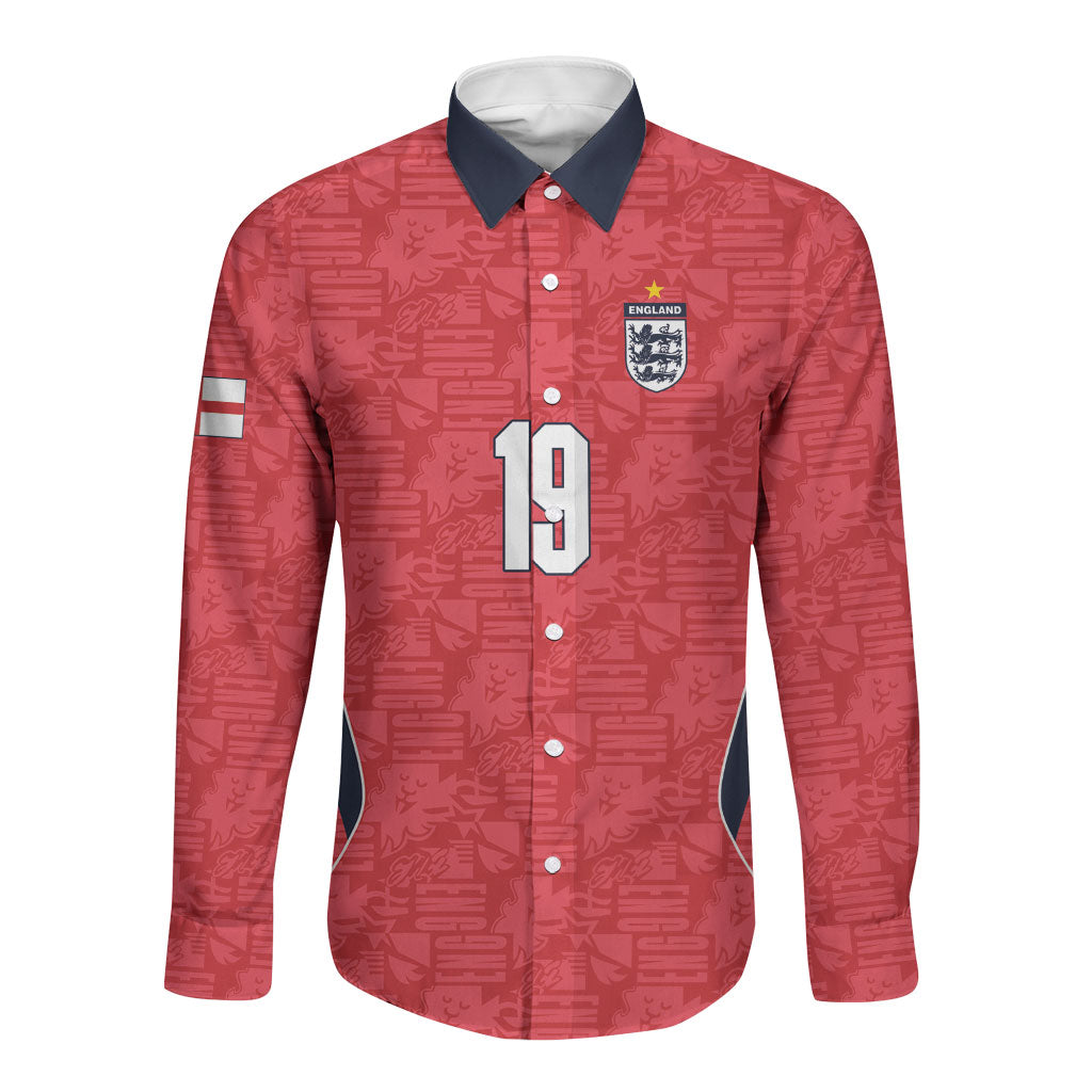 Custom World Football 2026 England Long Sleeve Button Shirt Three Lions Monogram Red Glory