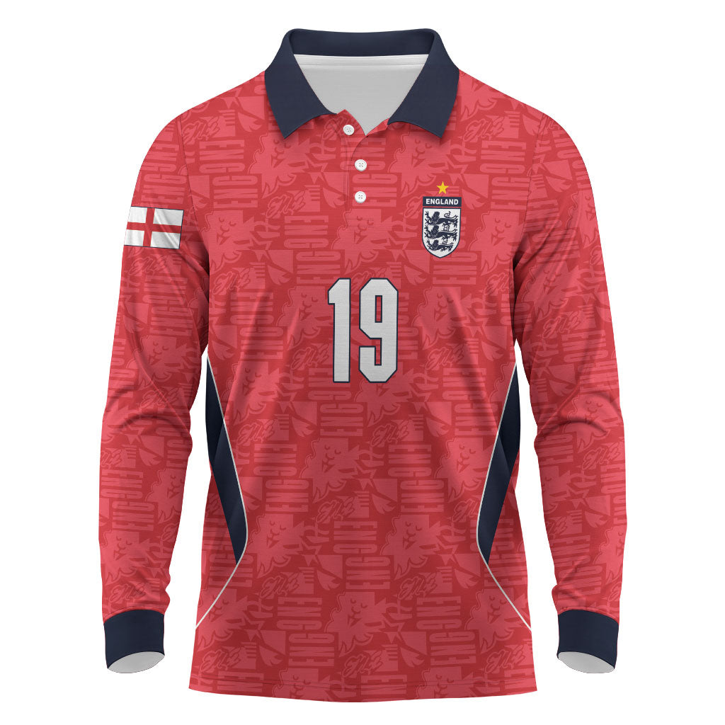 Custom World Football 2026 England Long Sleeve Polo Shirt Three Lions Monogram Red Glory