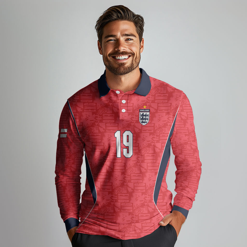 Custom World Football 2026 England Long Sleeve Polo Shirt Three Lions Monogram Red Glory