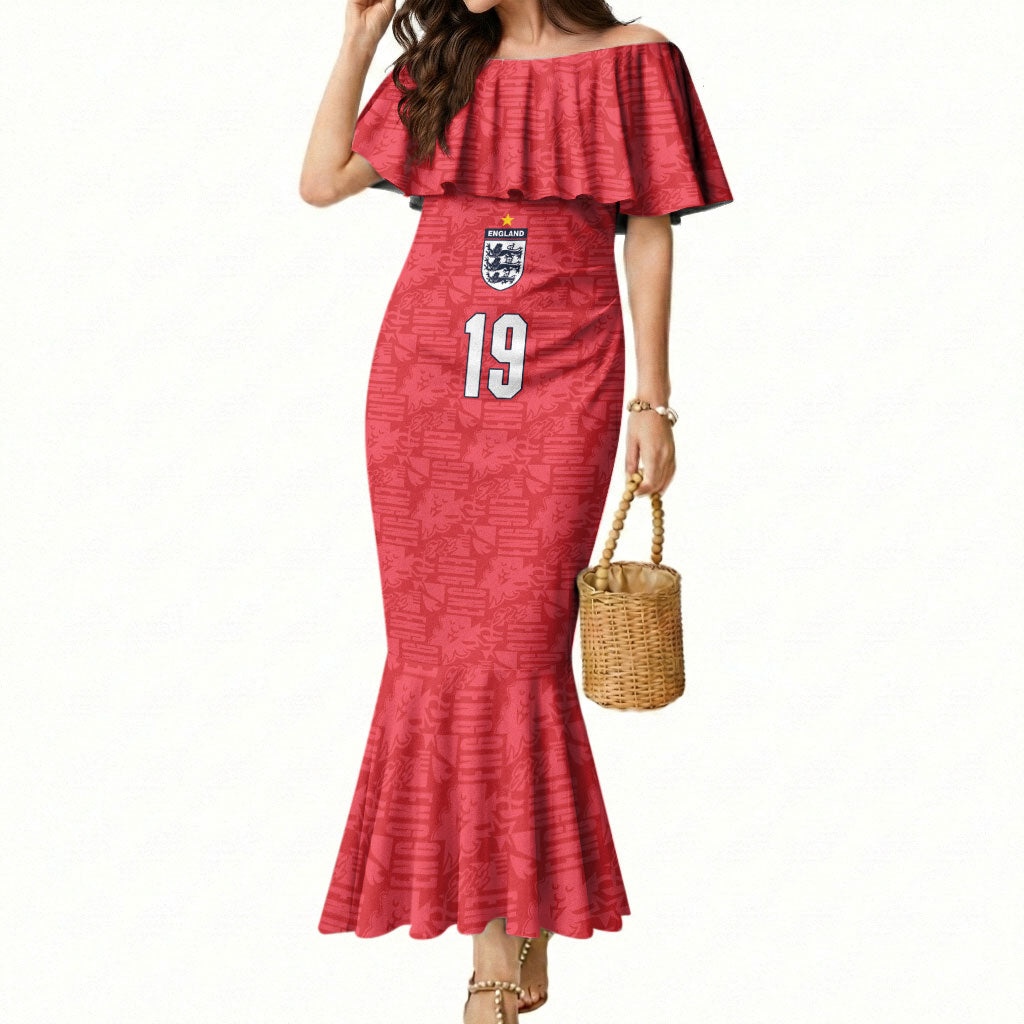 Custom World Football 2026 England Mermaid Dress Three Lions Monogram Red Glory