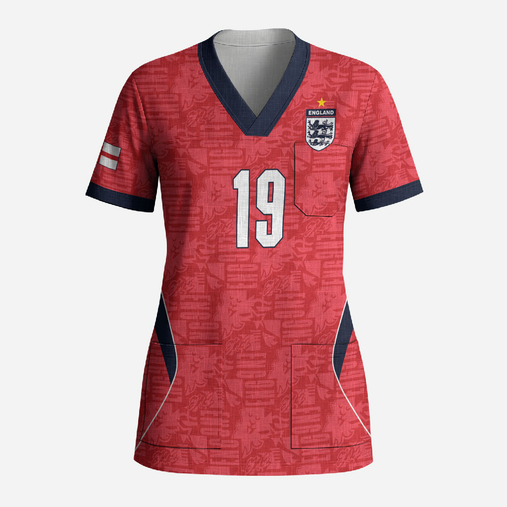 Custom World Football 2026 England Scrub Top Three Lions Monogram Red Glory