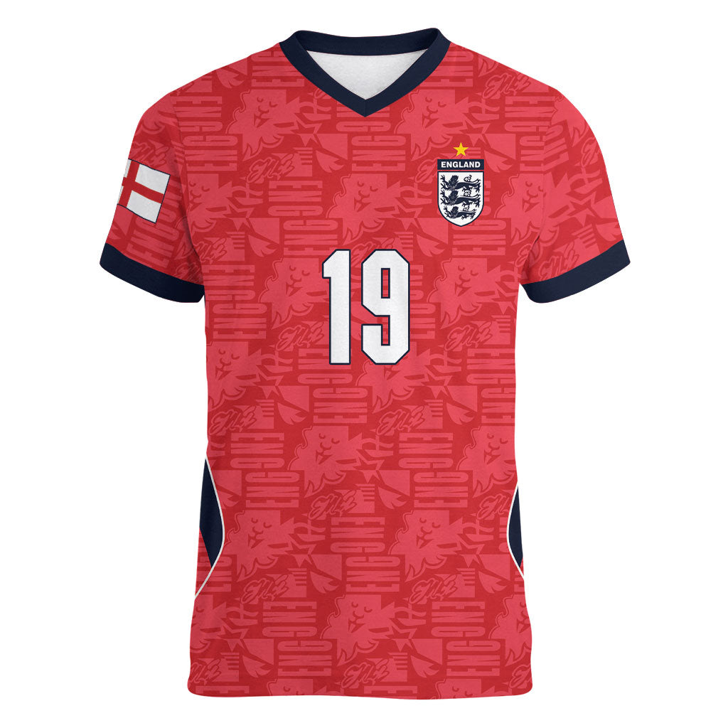 Custom World Football 2026 England Women V-Neck T-Shirt Three Lions Monogram Red Glory
