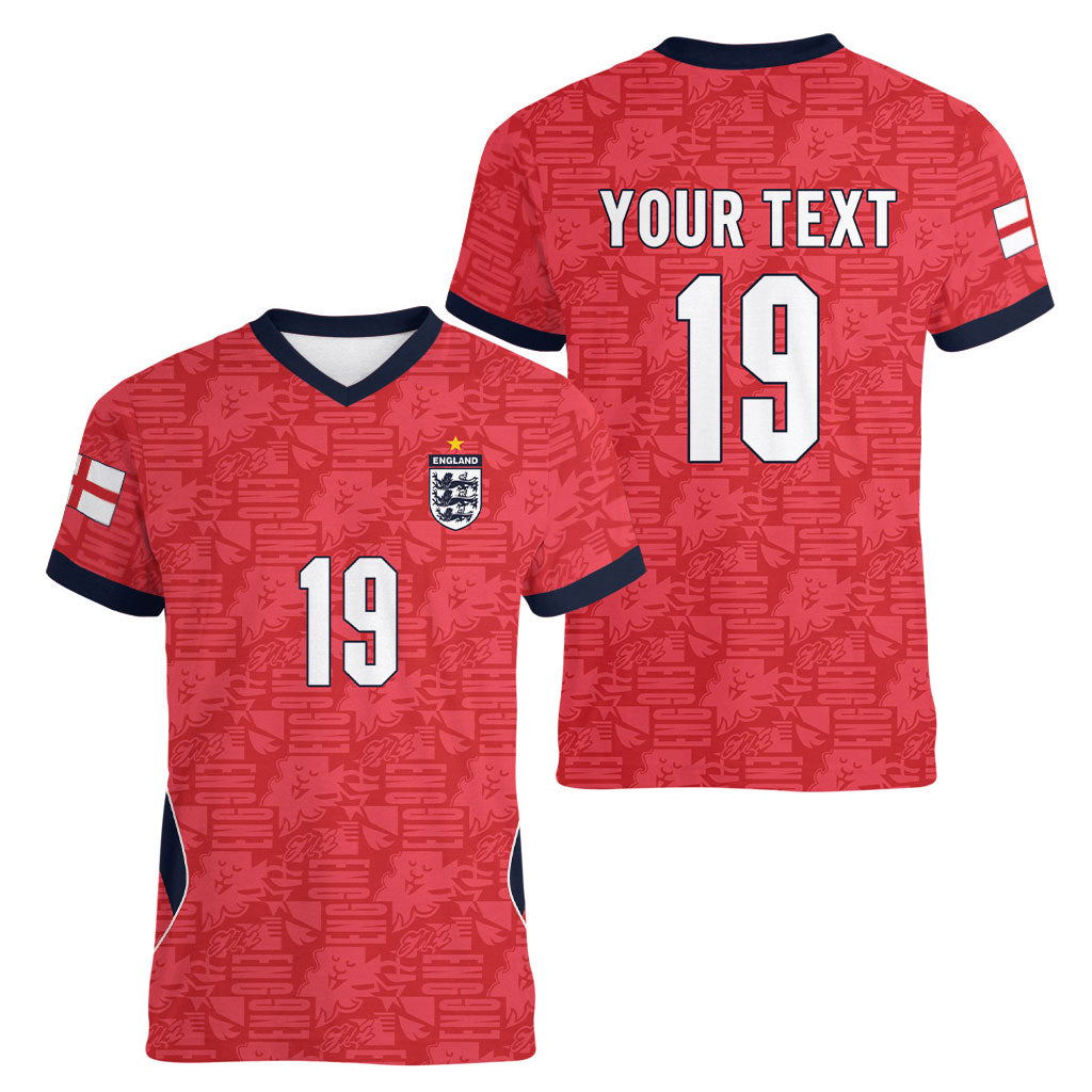 Custom World Football 2026 England Women V-Neck T-Shirt Three Lions Monogram Red Glory