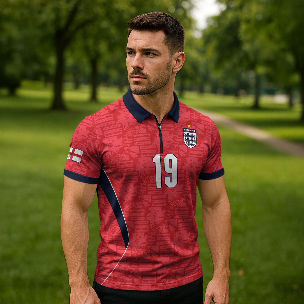 Custom World Football 2026 England Zipper Polo Shirt Three Lions Monogram Red Glory