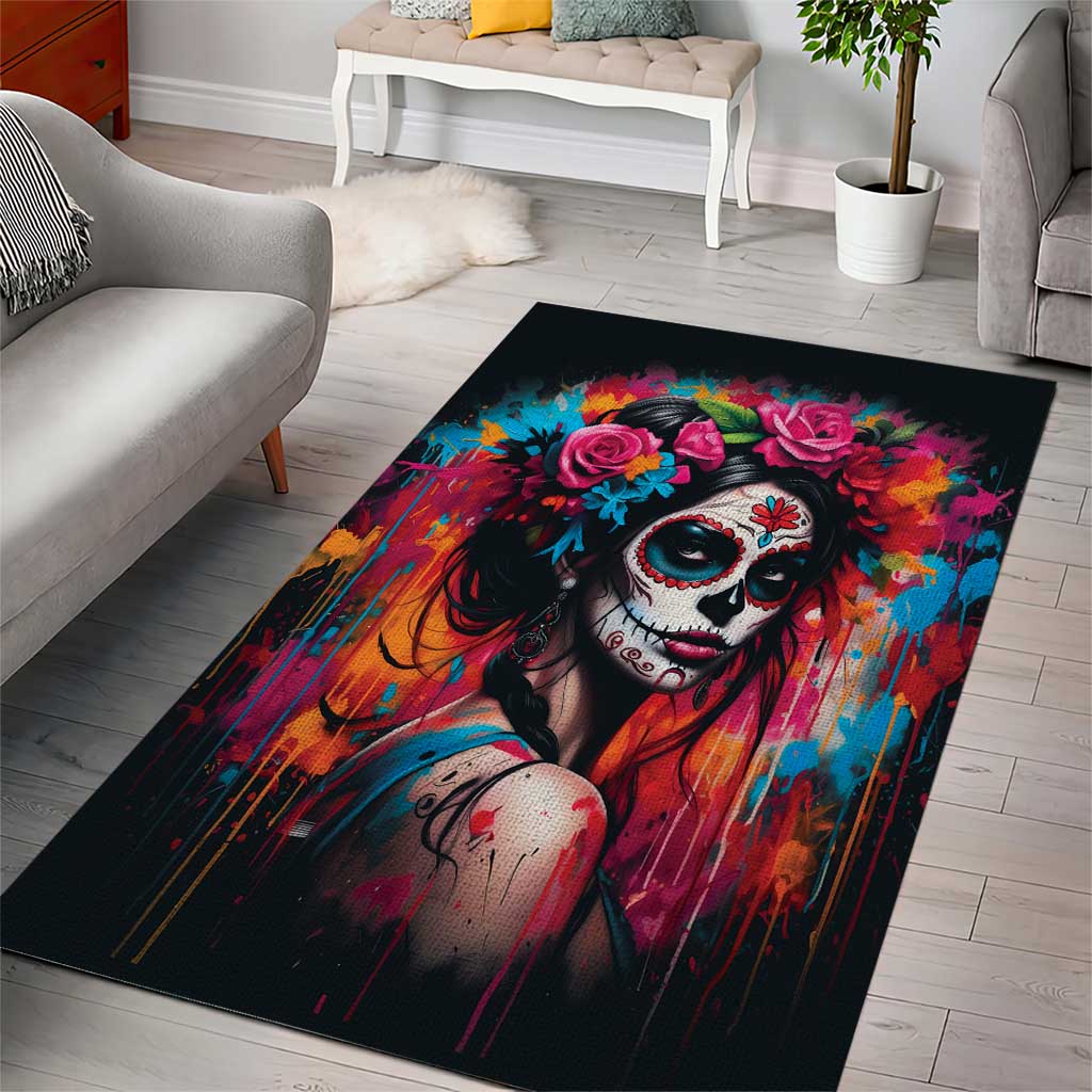Mexico Day Of The Dead Area Rug Rose Catrina Goddess Sugar Skull - Wonder Print Shop