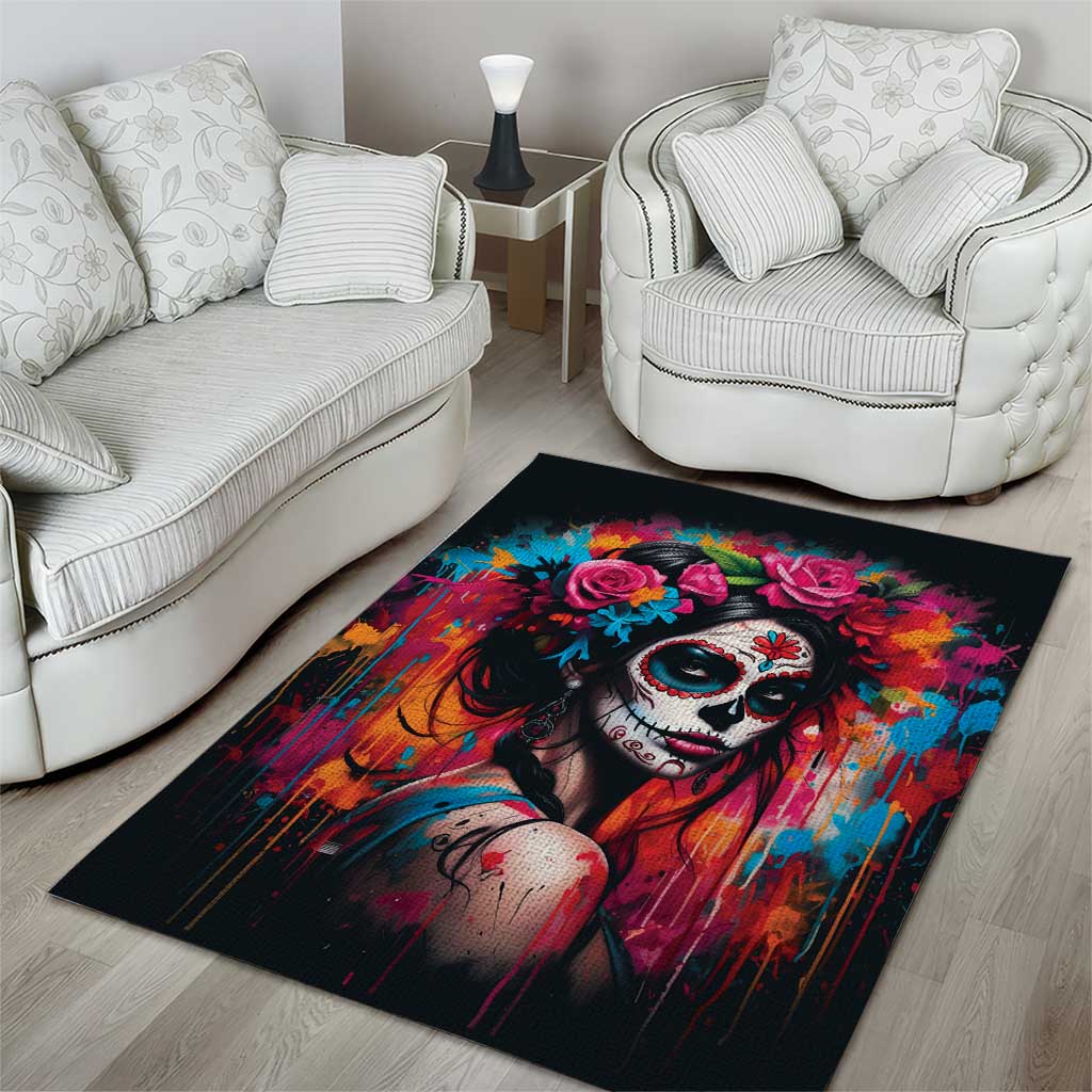 Mexico Day Of The Dead Area Rug Rose Catrina Goddess Sugar Skull - Wonder Print Shop