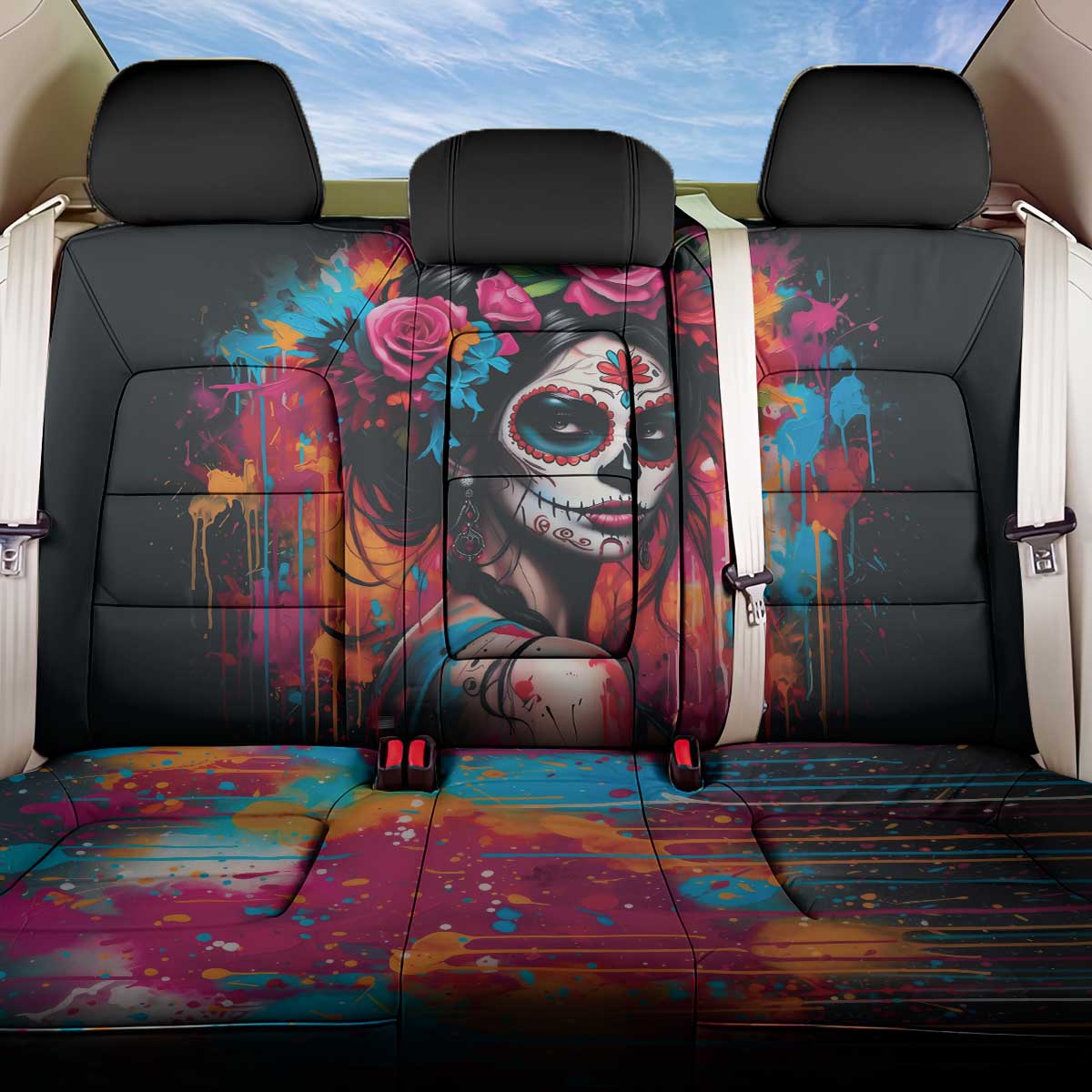 Mexico Day Of The Dead Back Car Seat Cover Rose Catrina Goddess Sugar Skull - Wonder Print Shop