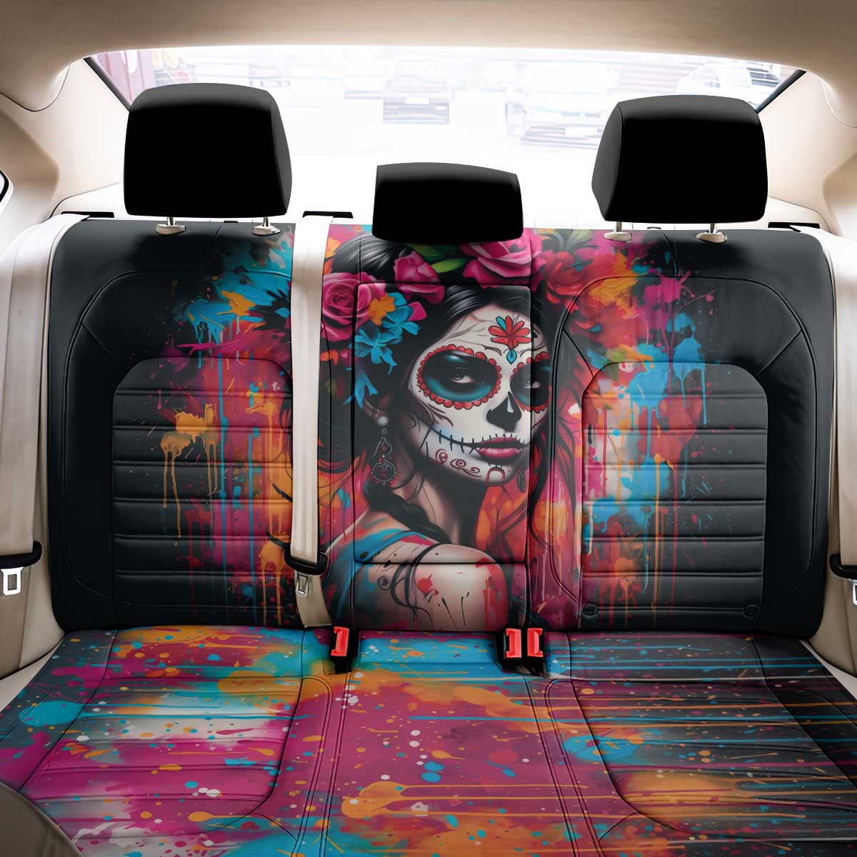 Mexico Day Of The Dead Back Car Seat Cover Rose Catrina Goddess Sugar Skull - Wonder Print Shop