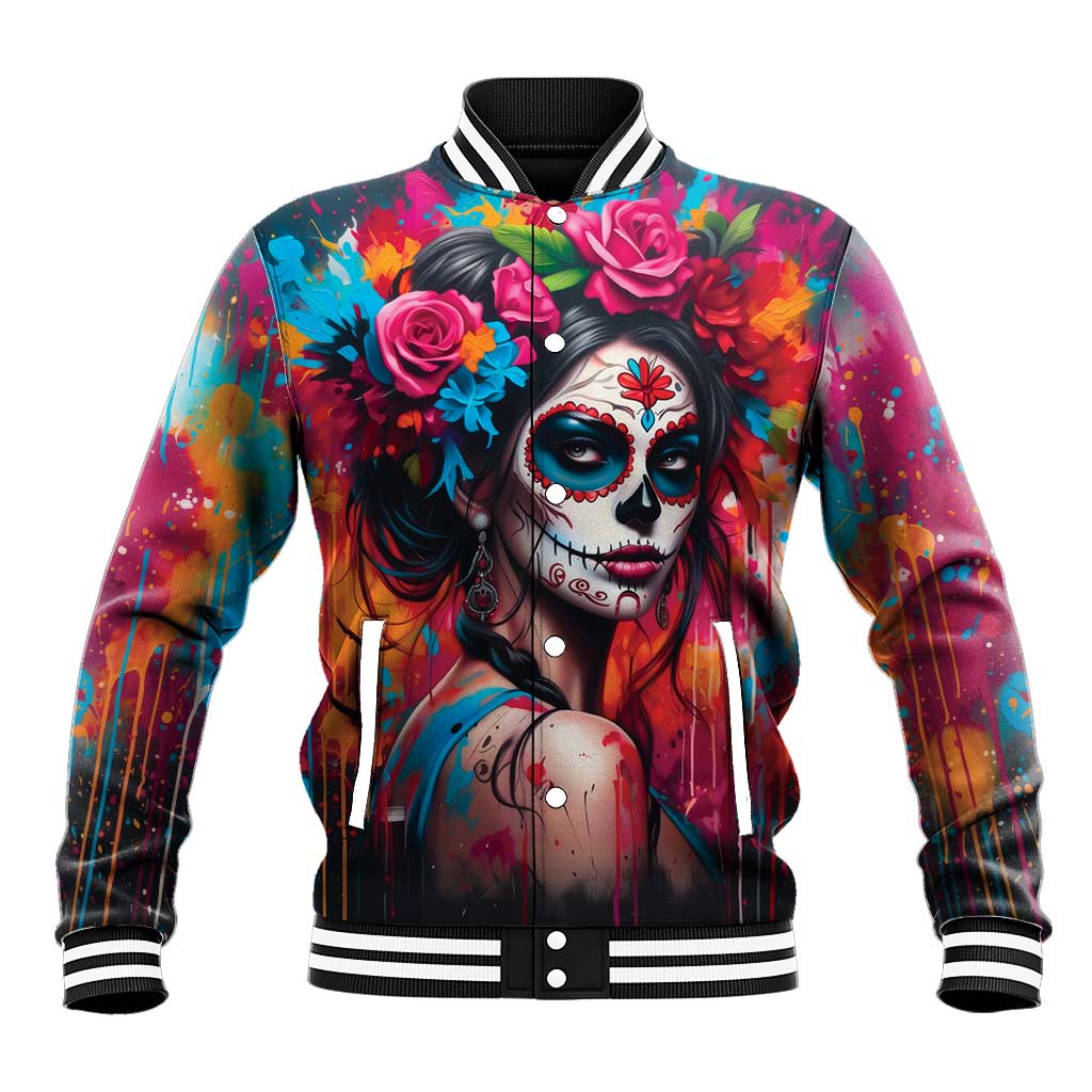 Mexico Day Of The Dead Baseball Jacket Rose Catrina Goddess Sugar Skull - Wonder Print Shop