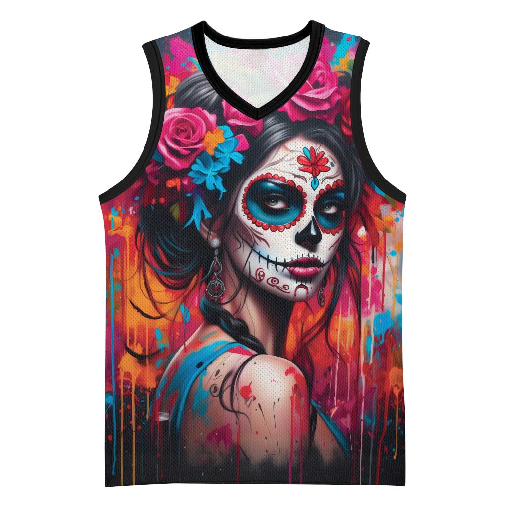 Mexico Day Of The Dead Basketball Jersey Rose Catrina Goddess Sugar Skull - Wonder Print Shop