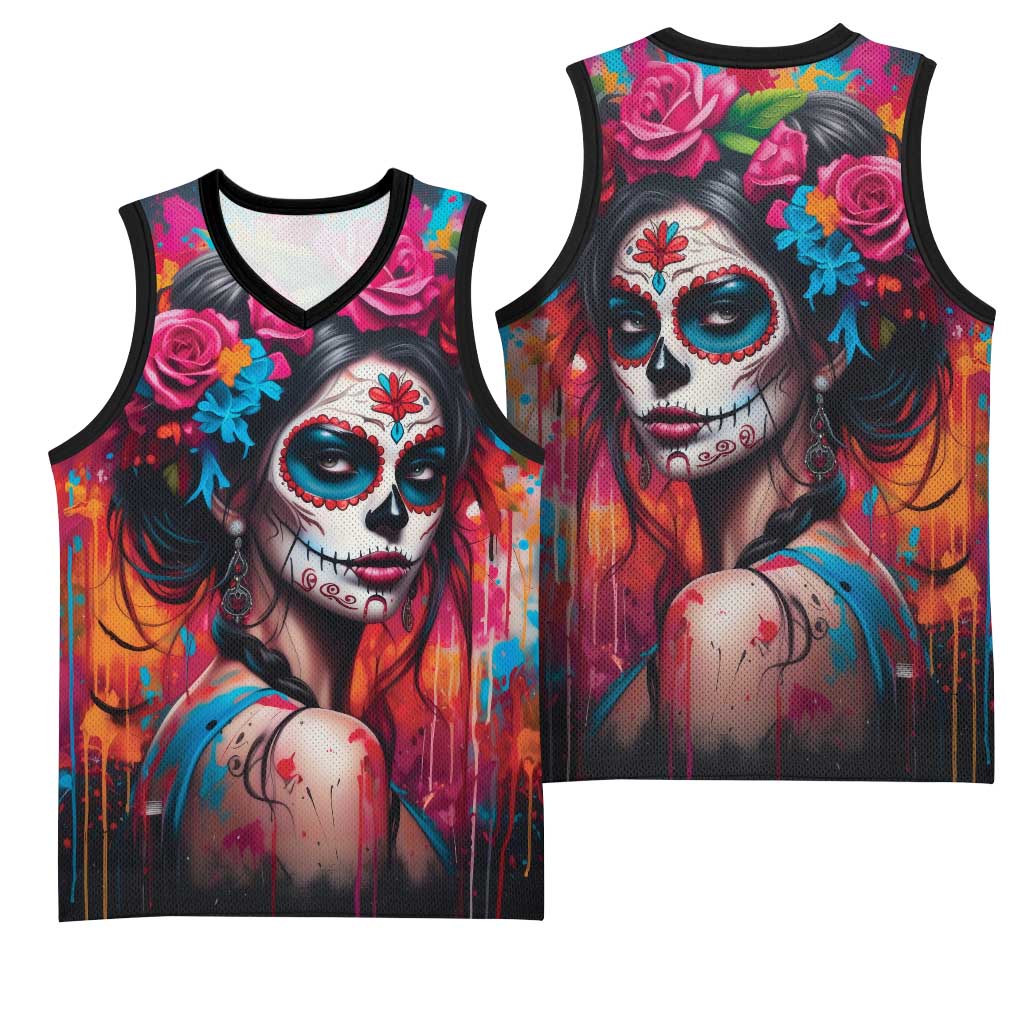 Mexico Day Of The Dead Basketball Jersey Rose Catrina Goddess Sugar Skull - Wonder Print Shop