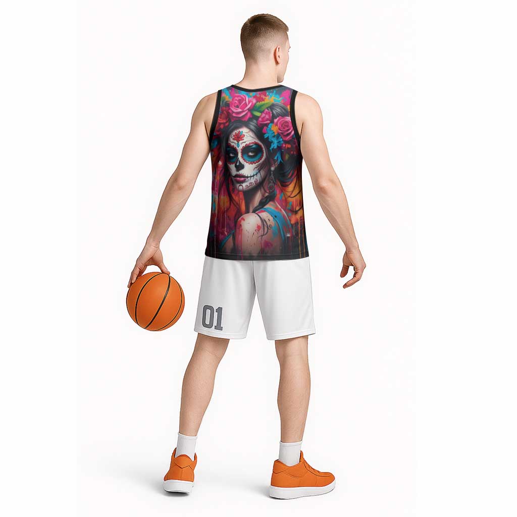 Mexico Day Of The Dead Basketball Jersey Rose Catrina Goddess Sugar Skull - Wonder Print Shop