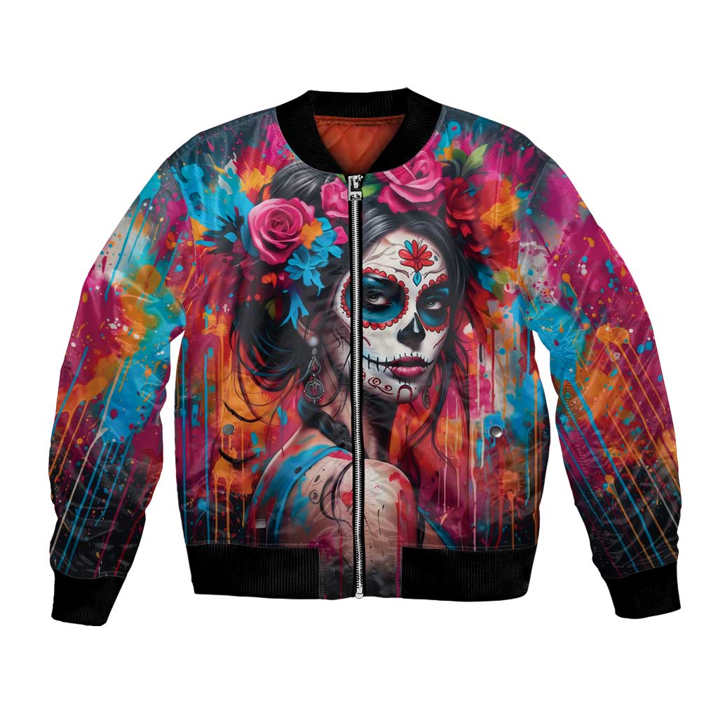 Mexico Day Of The Dead Bomber Jacket Rose Catrina Goddess Sugar Skull - Wonder Print Shop