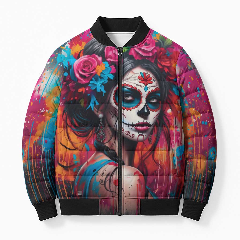 Mexico Day Of The Dead Bomber Puffer Jacket Rose Catrina Goddess Sugar Skull - Wonder Print Shop