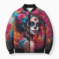 Mexico Day Of The Dead Bomber Puffer Jacket Rose Catrina Goddess Sugar Skull - Wonder Print Shop