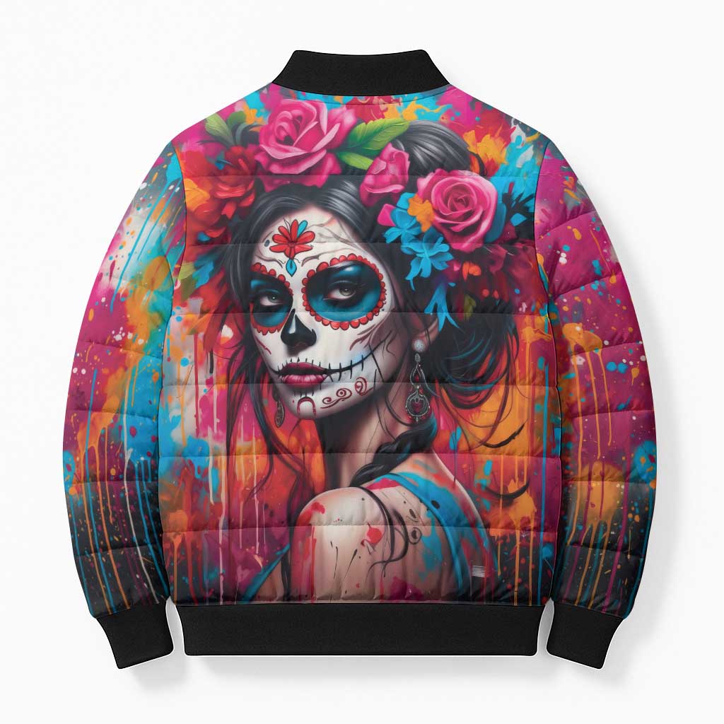 Mexico Day Of The Dead Bomber Puffer Jacket Rose Catrina Goddess Sugar Skull - Wonder Print Shop