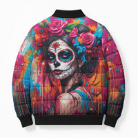 Mexico Day Of The Dead Bomber Puffer Jacket Rose Catrina Goddess Sugar Skull - Wonder Print Shop