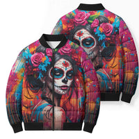Mexico Day Of The Dead Bomber Puffer Jacket Rose Catrina Goddess Sugar Skull - Wonder Print Shop