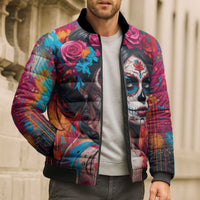 Mexico Day Of The Dead Bomber Puffer Jacket Rose Catrina Goddess Sugar Skull - Wonder Print Shop