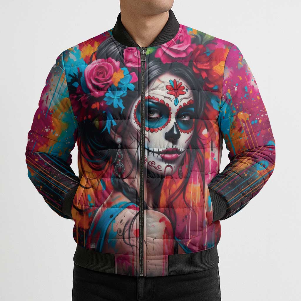Mexico Day Of The Dead Bomber Puffer Jacket Rose Catrina Goddess Sugar Skull - Wonder Print Shop