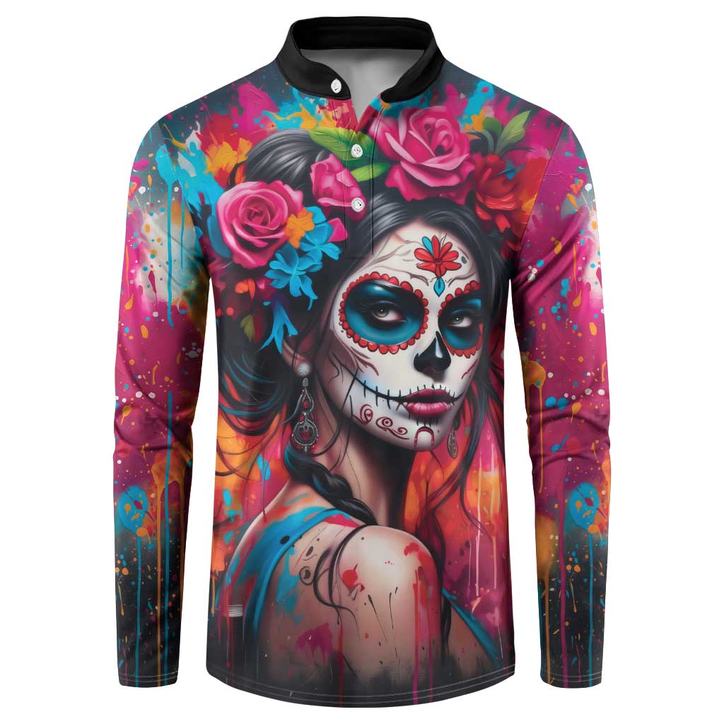 Mexico Day Of The Dead Button Sweatshirt Rose Catrina Goddess Sugar Skull - Wonder Print Shop