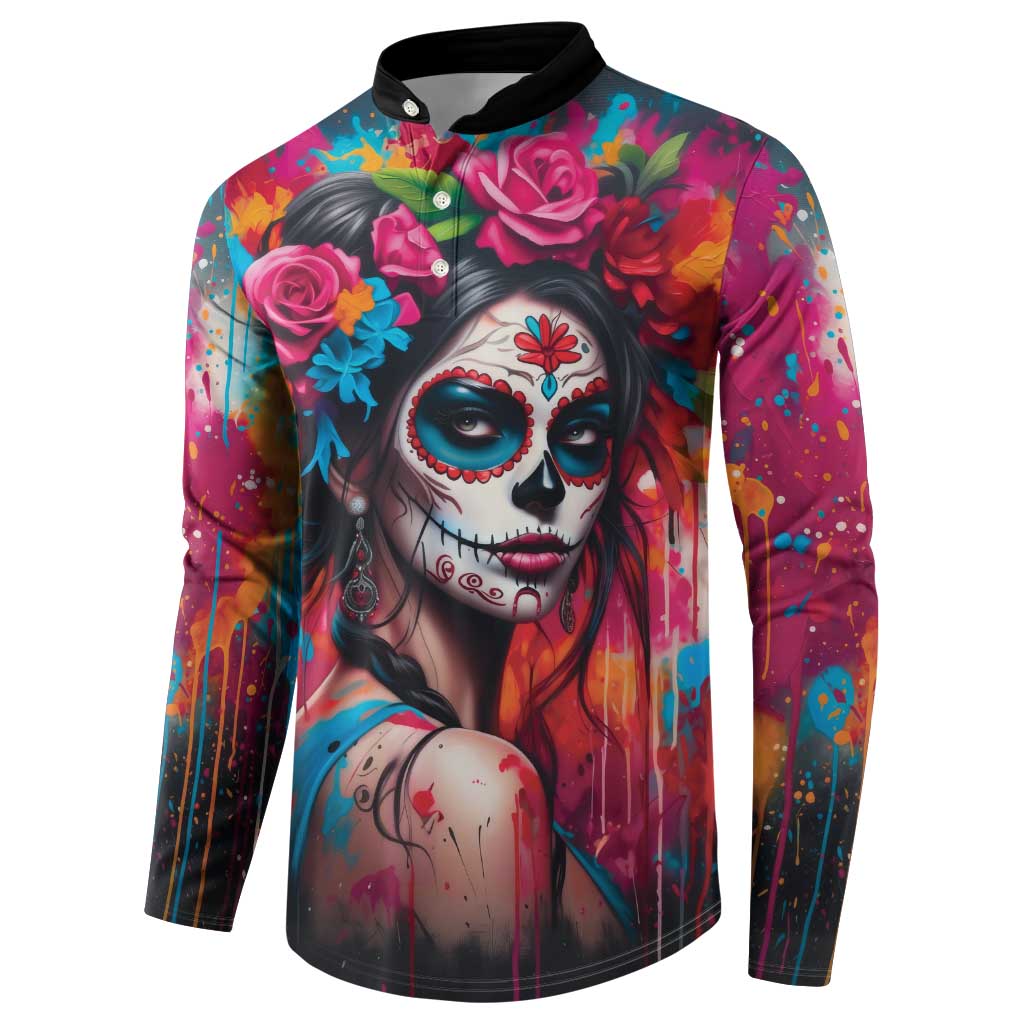 Mexico Day Of The Dead Button Sweatshirt Rose Catrina Goddess Sugar Skull - Wonder Print Shop