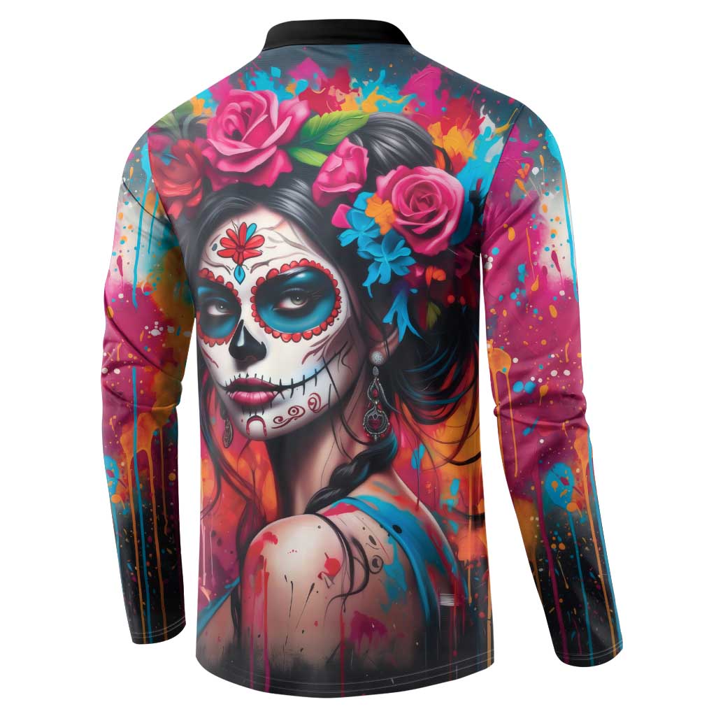 Mexico Day Of The Dead Button Sweatshirt Rose Catrina Goddess Sugar Skull - Wonder Print Shop