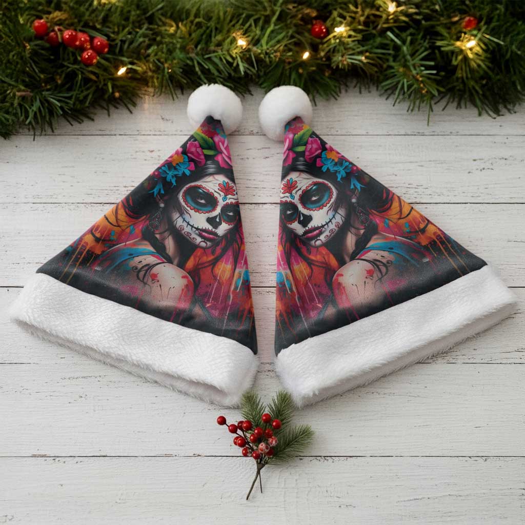 Mexico Day Of The Dead Christmas Santa Hat Rose Catrina Goddess Sugar Skull - Wonder Print Shop