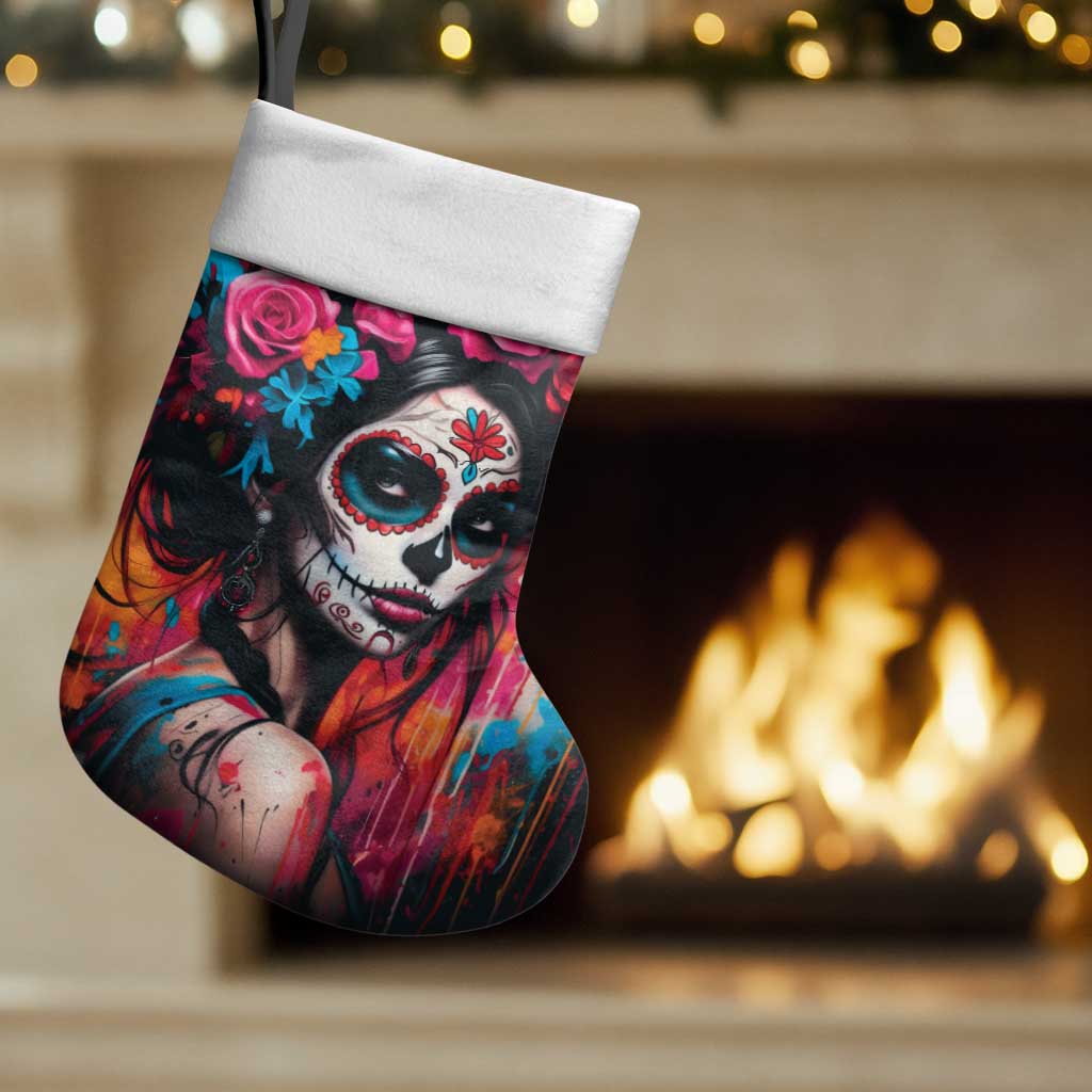 Mexico Day Of The Dead Christmas Stocking Rose Catrina Goddess Sugar Skull - Wonder Print Shop