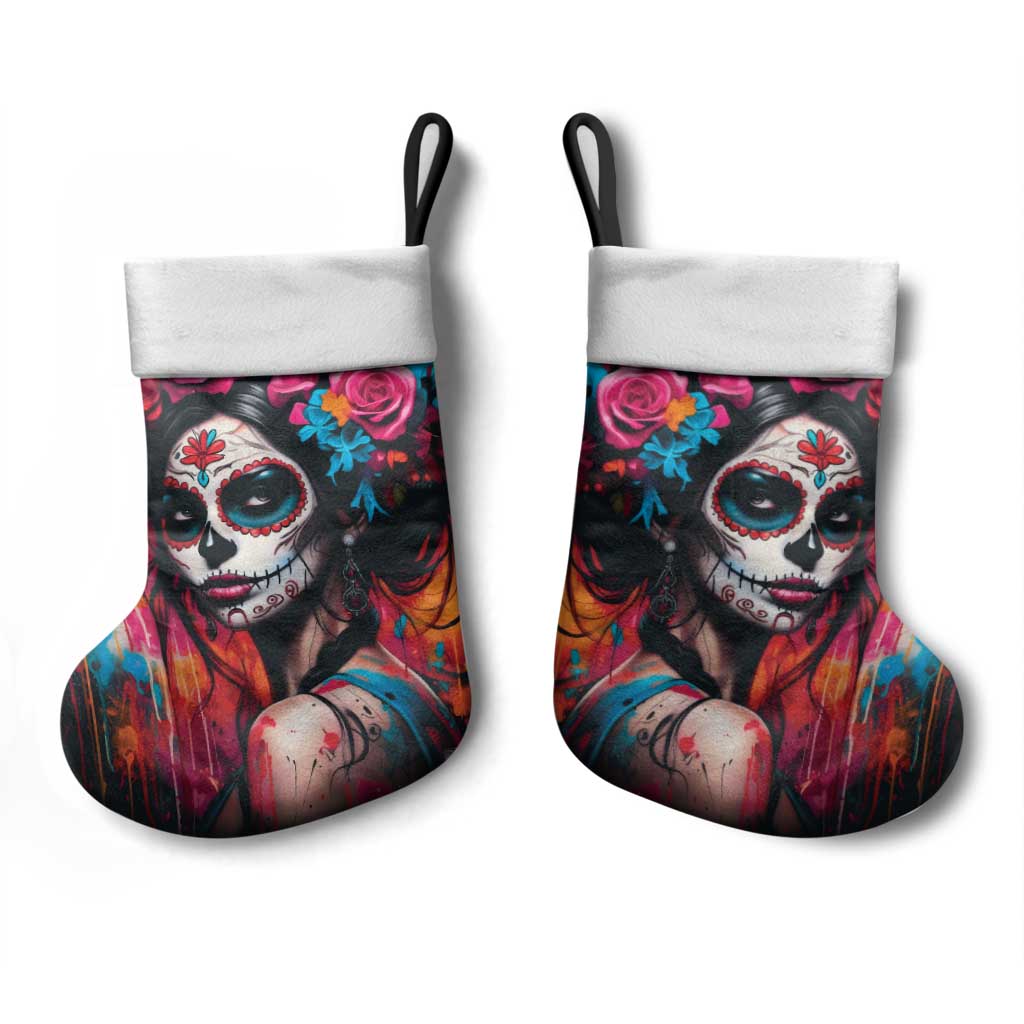 Mexico Day Of The Dead Christmas Stocking Rose Catrina Goddess Sugar Skull - Wonder Print Shop
