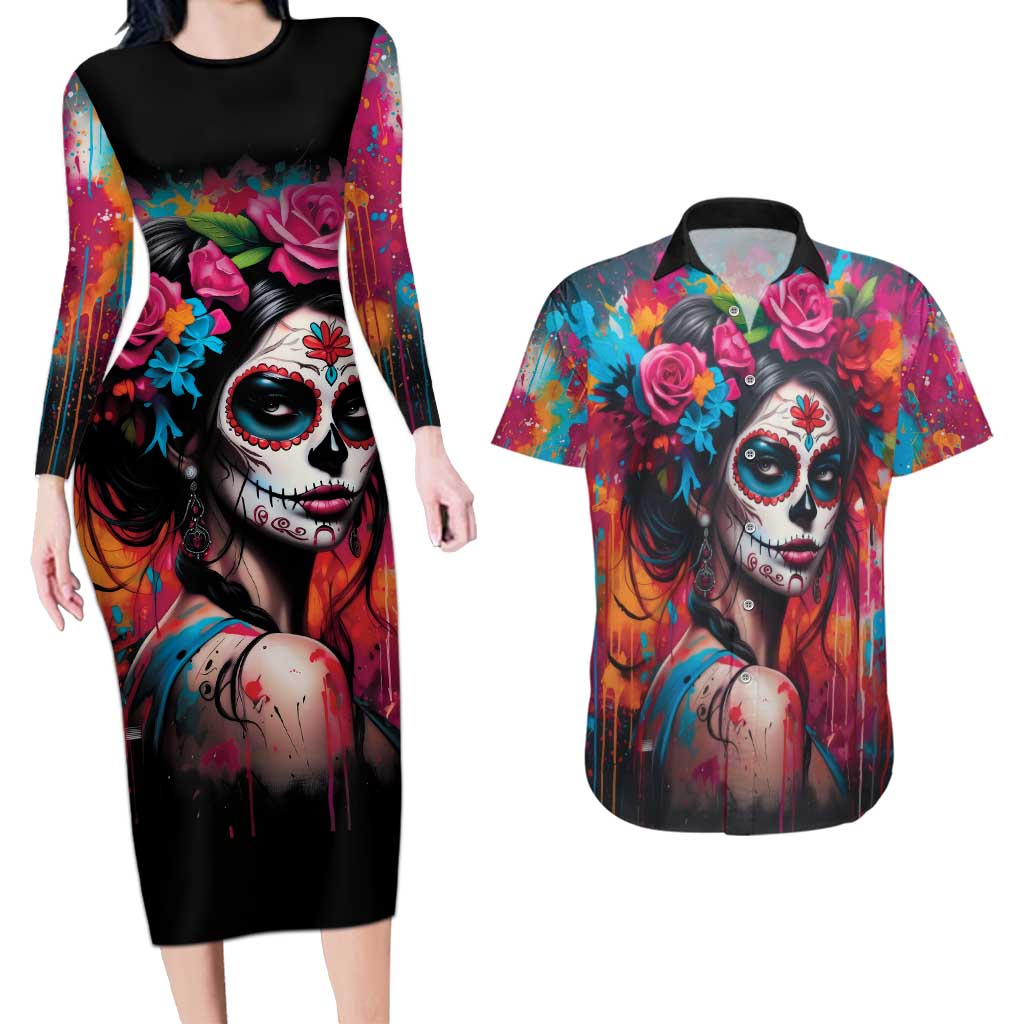 Mexico Day Of The Dead Couples Matching Long Sleeve Bodycon Dress and Hawaiian Shirt Rose Catrina Goddess Sugar Skull - Wonder Print Shop
