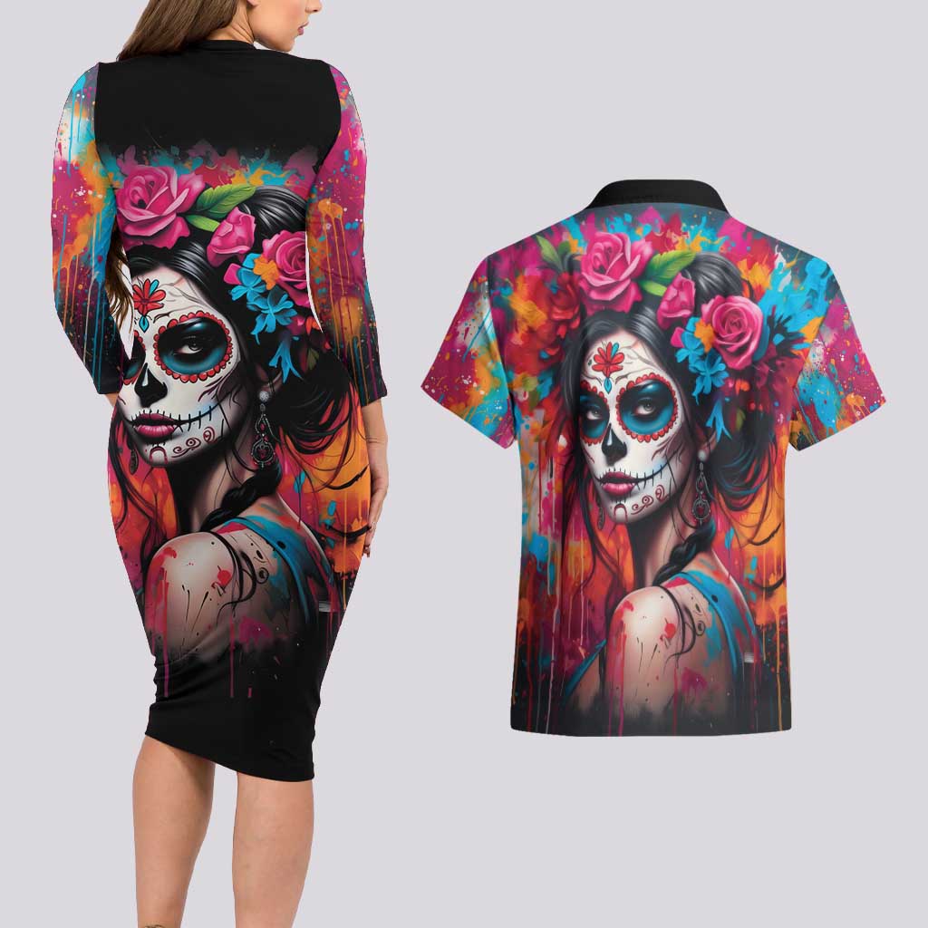 Mexico Day Of The Dead Couples Matching Long Sleeve Bodycon Dress and Hawaiian Shirt Rose Catrina Goddess Sugar Skull - Wonder Print Shop