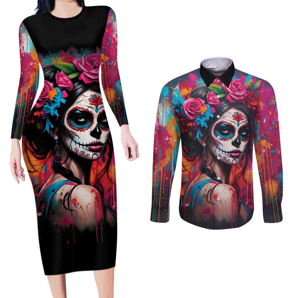 Mexico Day Of The Dead Couples Matching Long Sleeve Bodycon Dress and Long Sleeve Button Shirt Rose Catrina Goddess Sugar Skull - Wonder Print Shop