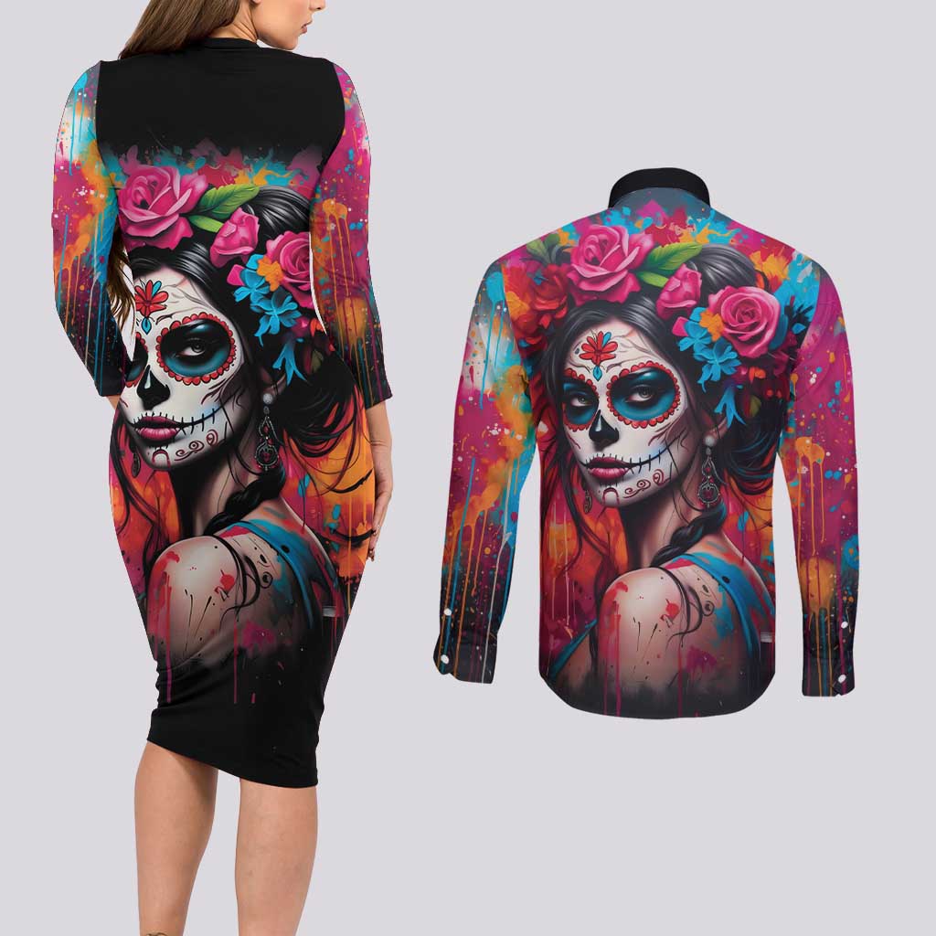 Mexico Day Of The Dead Couples Matching Long Sleeve Bodycon Dress and Long Sleeve Button Shirt Rose Catrina Goddess Sugar Skull - Wonder Print Shop