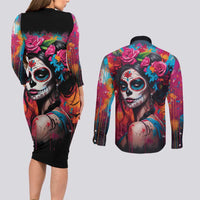 Mexico Day Of The Dead Couples Matching Long Sleeve Bodycon Dress and Long Sleeve Button Shirt Rose Catrina Goddess Sugar Skull - Wonder Print Shop