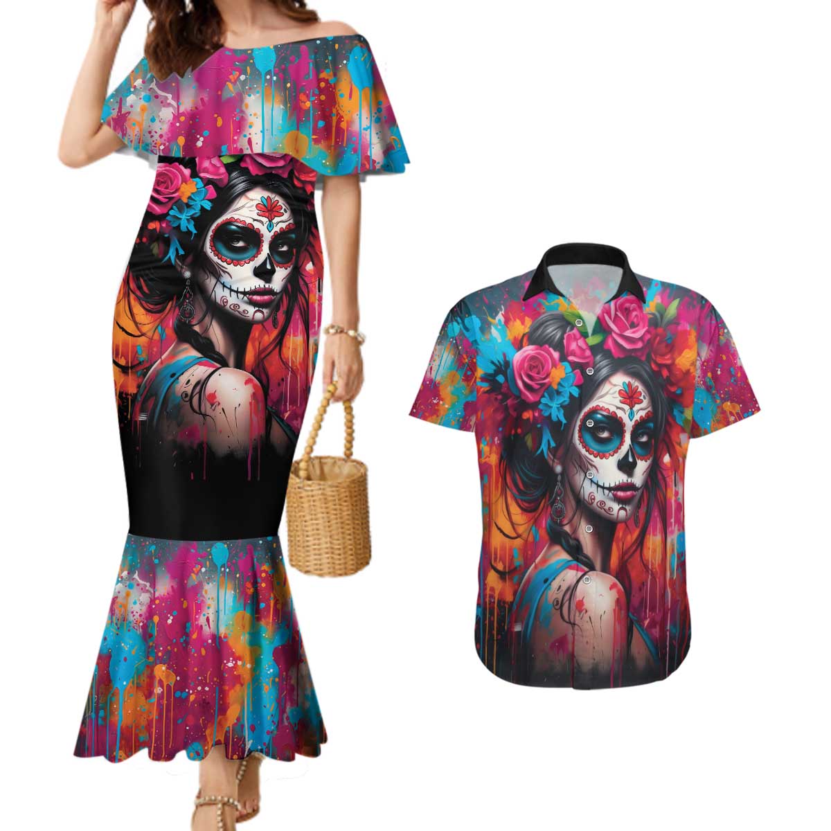 Mexico Day Of The Dead Couples Matching Mermaid Dress and Hawaiian Shirt Rose Catrina Goddess Sugar Skull - Wonder Print Shop