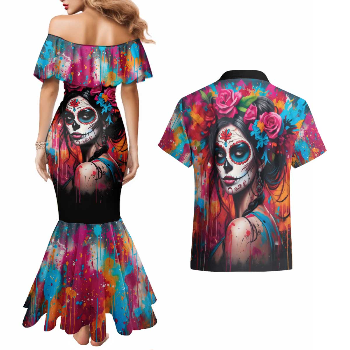 Mexico Day Of The Dead Couples Matching Mermaid Dress and Hawaiian Shirt Rose Catrina Goddess Sugar Skull - Wonder Print Shop