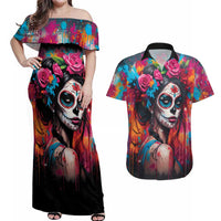 Mexico Day Of The Dead Couples Matching Off Shoulder Maxi Dress and Hawaiian Shirt Rose Catrina Goddess Sugar Skull - Wonder Print Shop