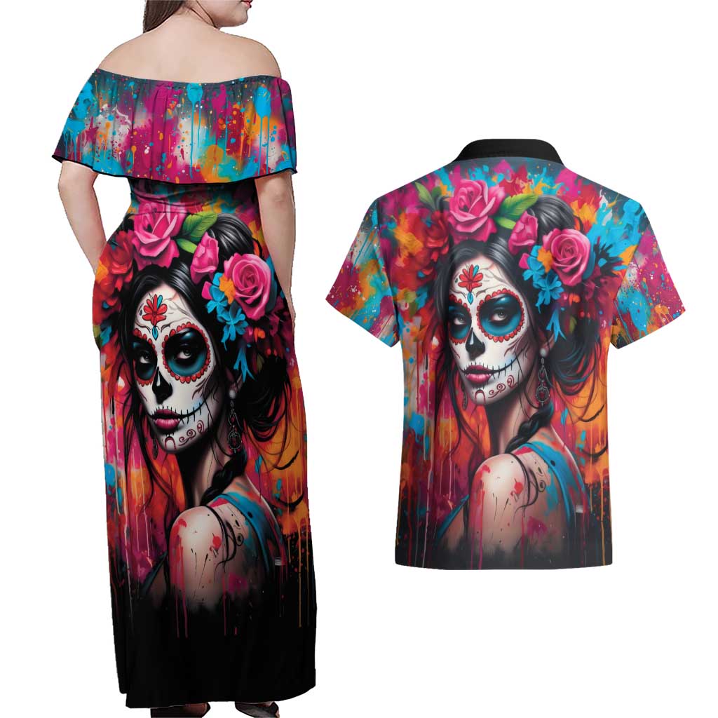 Mexico Day Of The Dead Couples Matching Off Shoulder Maxi Dress and Hawaiian Shirt Rose Catrina Goddess Sugar Skull - Wonder Print Shop