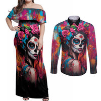 Mexico Day Of The Dead Couples Matching Off Shoulder Maxi Dress and Long Sleeve Button Shirt Rose Catrina Goddess Sugar Skull - Wonder Print Shop