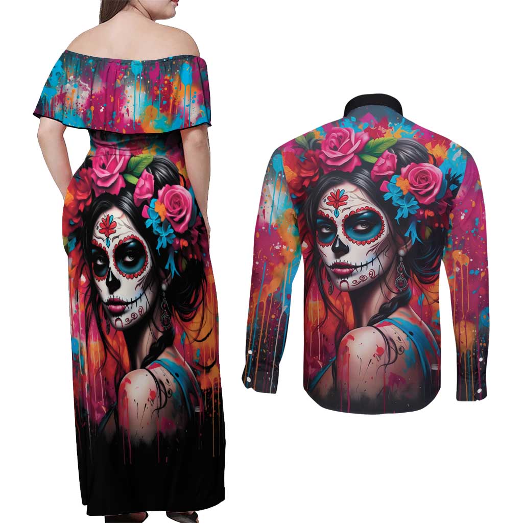 Mexico Day Of The Dead Couples Matching Off Shoulder Maxi Dress and Long Sleeve Button Shirt Rose Catrina Goddess Sugar Skull - Wonder Print Shop
