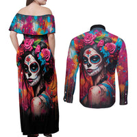 Mexico Day Of The Dead Couples Matching Off Shoulder Maxi Dress and Long Sleeve Button Shirt Rose Catrina Goddess Sugar Skull - Wonder Print Shop