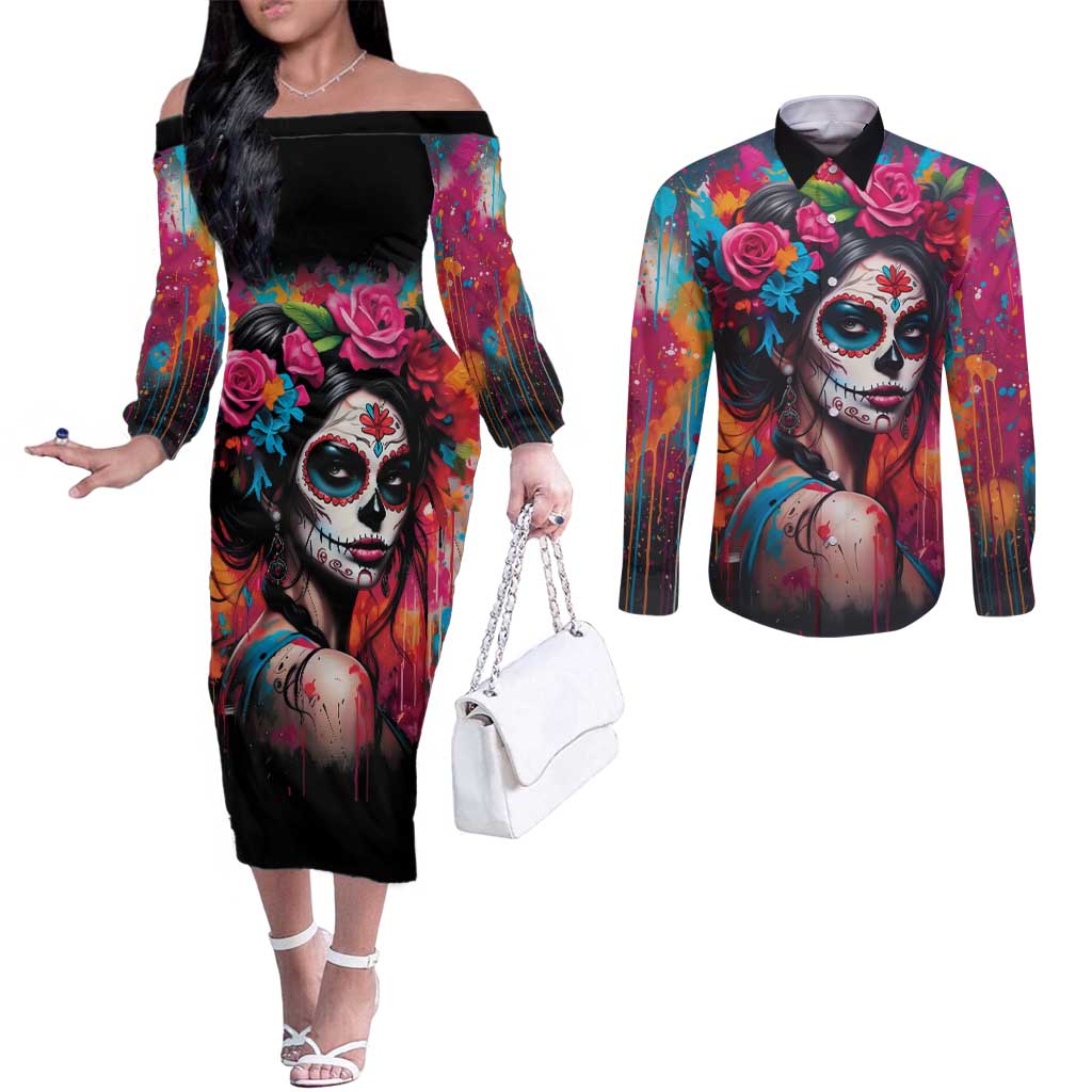 Mexico Day Of The Dead Couples Matching Off The Shoulder Long Sleeve Dress and Long Sleeve Button Shirt Rose Catrina Goddess Sugar Skull - Wonder Print Shop