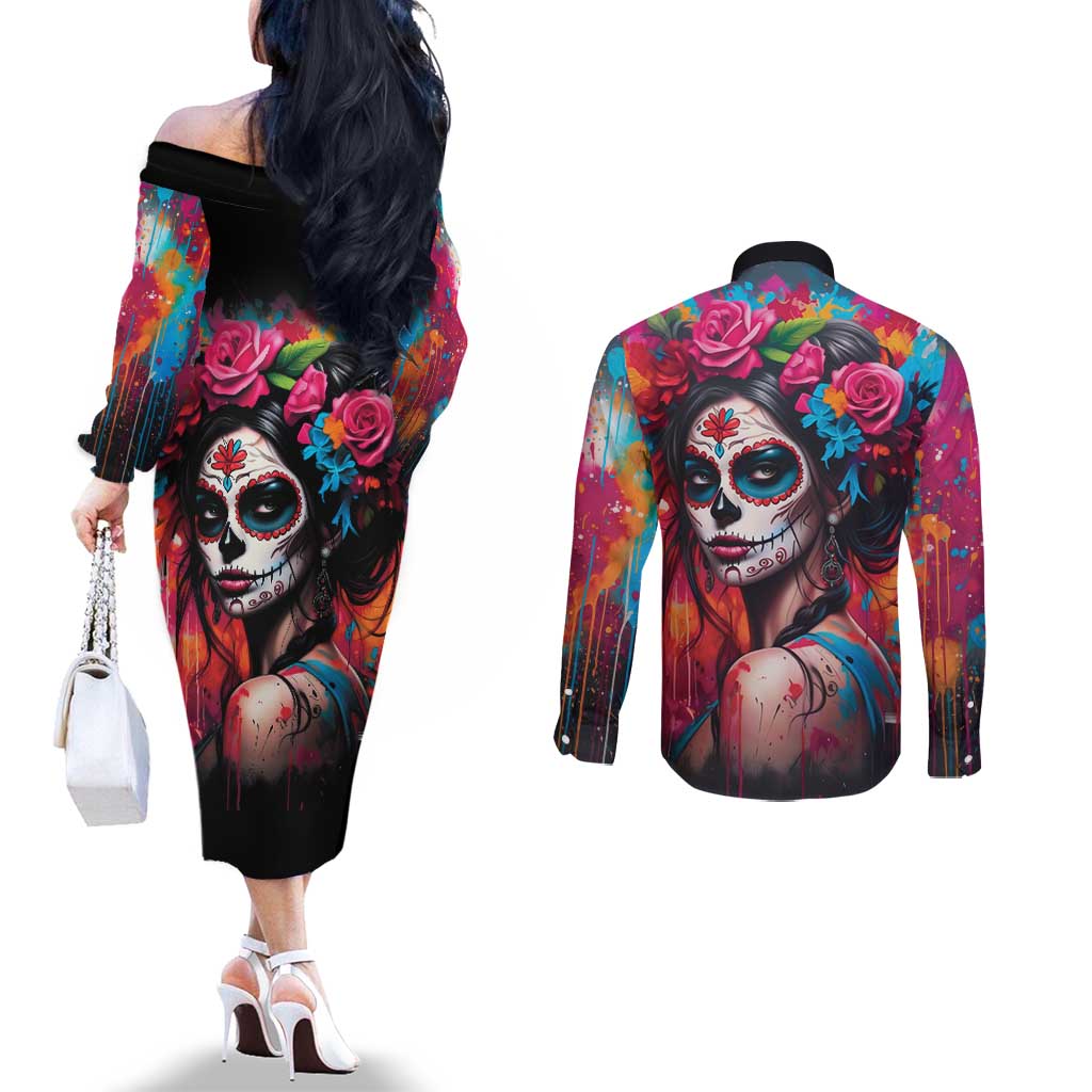 Mexico Day Of The Dead Couples Matching Off The Shoulder Long Sleeve Dress and Long Sleeve Button Shirt Rose Catrina Goddess Sugar Skull - Wonder Print Shop