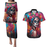 Mexico Day Of The Dead Couples Matching Puletasi and Hawaiian Shirt Rose Catrina Goddess Sugar Skull - Wonder Print Shop