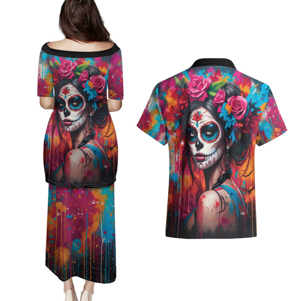 Mexico Day Of The Dead Couples Matching Puletasi and Hawaiian Shirt Rose Catrina Goddess Sugar Skull - Wonder Print Shop