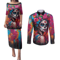 Mexico Day Of The Dead Couples Matching Puletasi and Long Sleeve Button Shirt Rose Catrina Goddess Sugar Skull - Wonder Print Shop