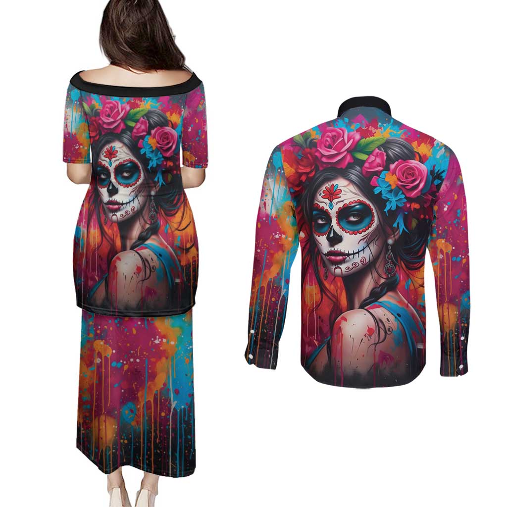 Mexico Day Of The Dead Couples Matching Puletasi and Long Sleeve Button Shirt Rose Catrina Goddess Sugar Skull - Wonder Print Shop